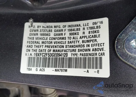 2016 Honda Civic Lx from USA, damaged, VIN 19XFC2F53GE094120